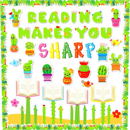 gisgfim Cactus Reading Bulletin Board Decorations Set Classroom Cactus Bulletin Board Border Cutout Reading Makes You Sharp Bulletin Board Craft School Library Home Wall Decor Back to School Supplies