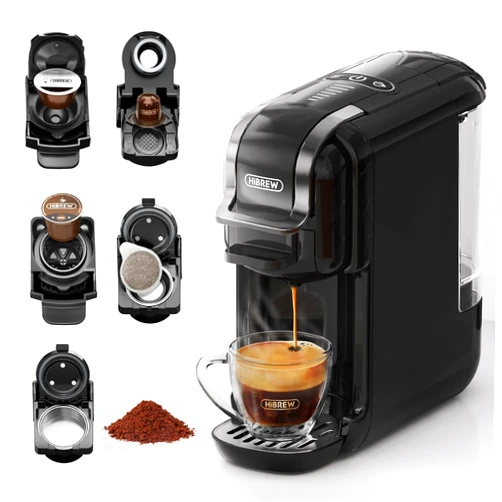 HiBREW H2B 5-in-1 Pod Coffee Maker - Compatible With 4 Coffee Capsule as Well as Espresso Powder, Makes Iced Coffee, Espresso, Cappuccino, Long Black. Hotel Kitchen Coffee Machine