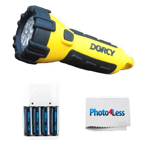 Dorcy 150 Lumen Yellow Floating Flashlight, Bundle with 4 AA Batteries & Charger