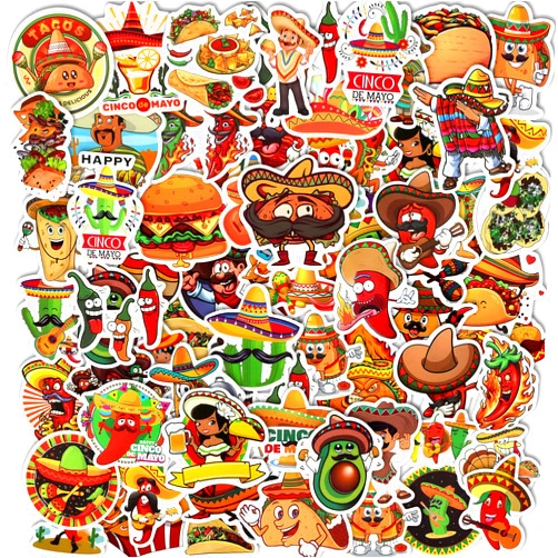 HOWAF 50pcs Fiesta Stickers Pack, Mexican Food Stickers for Fiesta Carnival Party Decorations, Self Adhesive Taco Stickers for Cinco De Mayo Party Supplies, Mexico Vinyl Stickers Waterproof Laptop