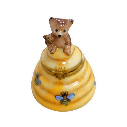 LIMOGES BOUTIQUE FINE FRENCH PORCELAIN Brown Bear on Bee Hive Honey Comb