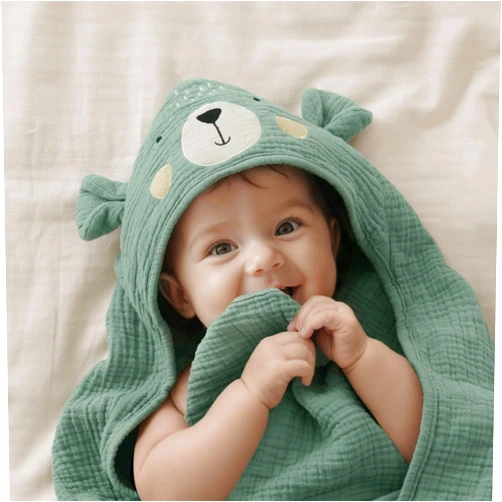 Blissful Diary Muslin Baby Hooded Towel, Soft and Absorbent Bath Towel for Newborn, Infant, Toddler, Unisex, 32″x32″ - Smart Bear