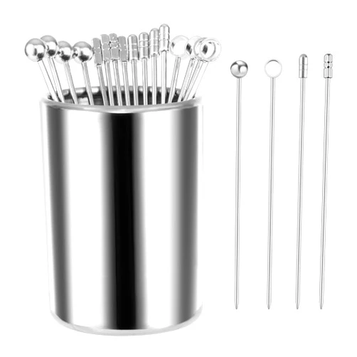 Tchrules Cocktail Picks Stick, 16Pcs Metal Martini Picks, Reusable Stainless Steel Drink Stick with Storage Cup, Bloody Mary Skewers for Appetizers Sandwiches, BBQ Snacks, Olives Fruits