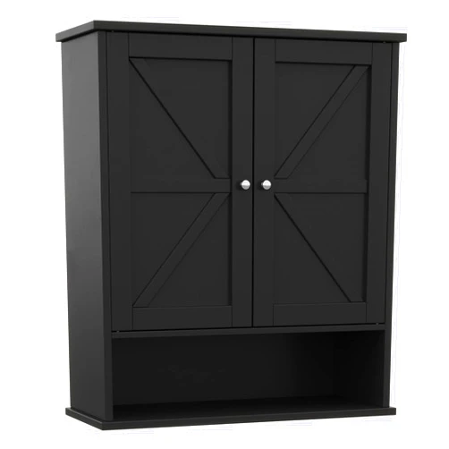 Reettic Two Door Wall Cabinet, Wooden Medicine Cabinet, Wall Mounted Bathroom Storage Cabinet with Inner Adjustable Shelf, for Bathroom, Kitchen, Entryway, Black BMGZ103B