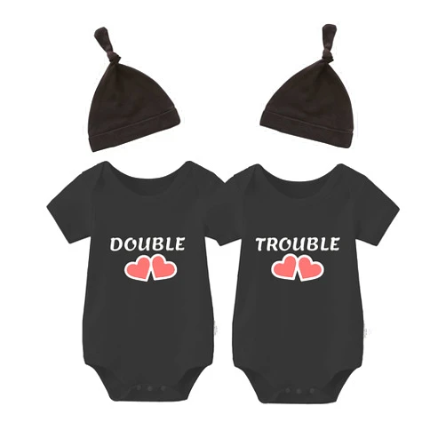 YSCULBUTOL Baby Twins Bodysuits Double Trouble Love Unisex Newborn Baby Cute Outfits Infant Romper With Hat Set