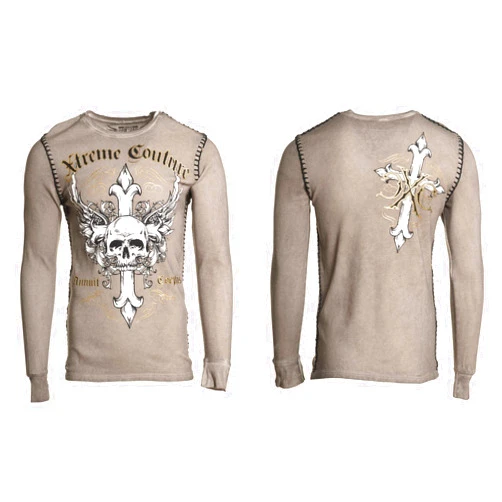Xtreme Couture by Affliction Men's Thermal T-Shirt Annuit Biker MMA L Tan