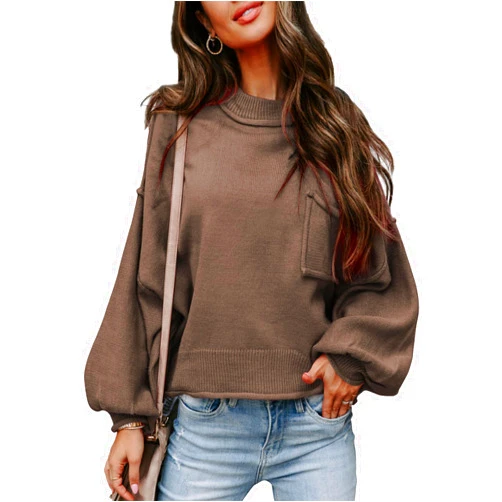 EVALESS Women's 2024 Lantern Long Sleeve Crewneck Sweater Casual Solid Color Ribbed Hem Knitwear Pullover Cropped Tops