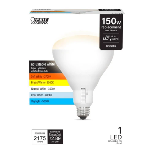 Feit Electric BR40 LED Light Bulb, 150W Equivalent, Dimmable, 5CCT, E26 Medium Base, 90 CRI, 2175 Lumens, Recessed Can Light Bulbs with Switch on Bulb, 13-Year Lifetime, BR40150DM5CCTCA15K