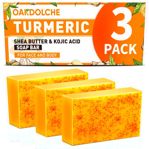 OAKDOLCHE 3 Pack Turmeric Kojic Acid Soap Bars - Infused with Retinol, Hydrolyzed Collagen, Vitamin E & Shea Butter, Gentle Care for Face, Body & Underarms, SLS Free, Suitable for Oily & Dry Skin,60g