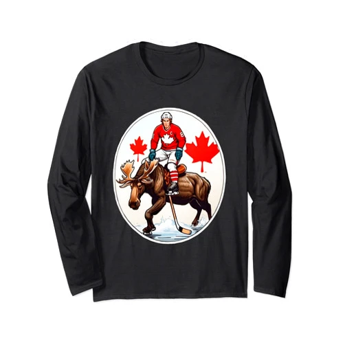 Dudes Being Dudes Designs Maple Leaf Moose - Hilarious Hockey Player Riding Moose Long Sleeve T-Shirt