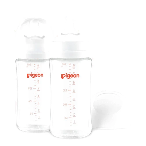 Generic Pigeon Glass Nursing Baby Feeding Bottle Wide Neck (Pack of 2), Streamlined Body, Natural Feel, Easy to Clean, Heat-Resistant, 8.1 Oz (L2)