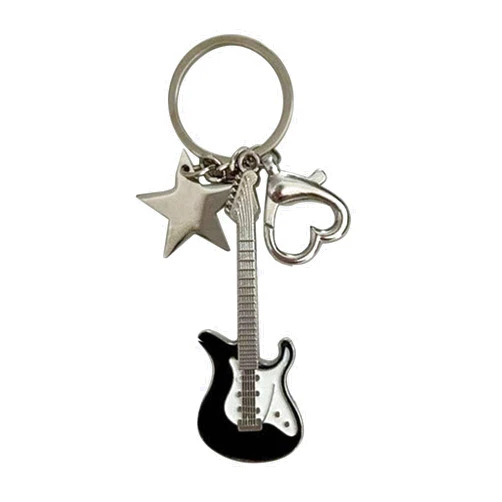 YOOYEH Guitar Keychain, Metal Bass Guitar Pendant Key Chain with Mini Pentagram and Heart, Fashionable Unisex Guitar Star Keychain, Y2K Unique Keychain for Car Keys Backpack (Black base)