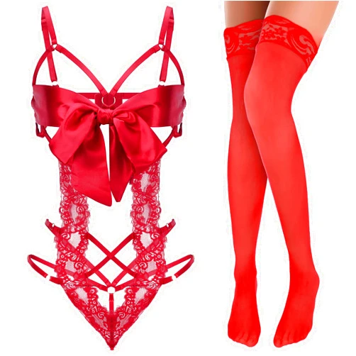 Telooco Women Sexy Lingerie Set Unwrap Me Bow Tie Lingerie with Lace Stockings Smooth Ribbon Lingerie for Valentines Outfit