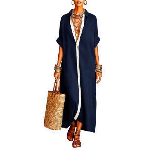 chouyatou Women's Contrast Color Button Down Shirt Dress Short Sleeve Cotton Linen Casual Loose Beach Long Maxi Dress