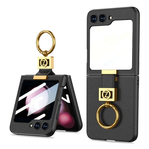 MOAITO for Galaxy Z Flip 5 Case with Ring Holder, Wireless Charging Cover Anti-Fall Shockproof Case with Built-in Screen Protector for Samsung Z Flip 5 5G (Black)