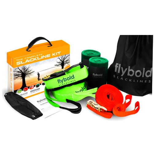 flybold Backyard Slackline Kit - 57 ft Balance Rope and Training Line with Tree Protectors, Arm Trainer, Ratchet Cover and Carry Bag - For Kids and Adults