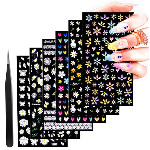 BELLEBOOST 6 Sheets 5D Flower Nail Art Stickers with Tweezer Embossed Colorful Daisy Butterfly Nail Decals Pegatinas Uñas Self Adhesive Lace Floral 3D Nail Accessories for Women Girls Manicure Decoration