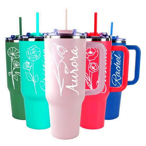 Tags That Rock Personalized 40 oz Engraved Tumbler, With Handle, 2 Straws, Brush and Pad, Custom Name And Birth Flower, Stainless Steel Insulated Travel Cup, Double-Wall, Keeps Drinks Hot & Cold, Made in USA.