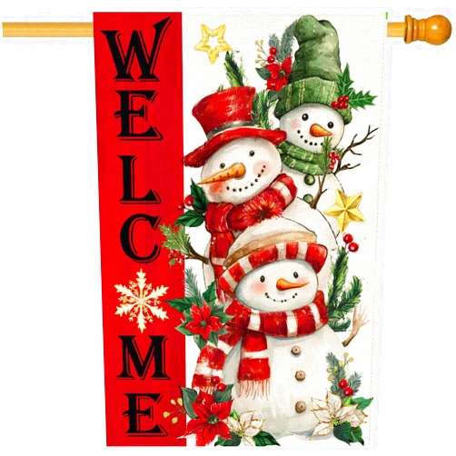 Baccessor Christmas Winter House Flag Burlap 28x40 Inch Double Sided Cute Snowmans Holly Red Berries Snowflake Welcome Large Garden Flag Seasonal Holiday Yard Outdoor Outside Decoration