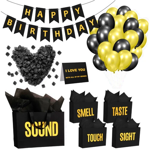 Soulchen 5 Senses Gift Birthday Decorations Five Senses Gift Bags Party Decoration with Happy Birthday Banner Taste Touch Sound Rose Petals Balloon for Party(Black Gold)