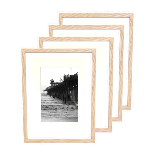 TKYGU Picture Frame 8x10in mat to 5x7in Natural Photo Frames Pack of 4 Piece, In High Tempered Glass, MDF Wood Material Table Top Stand And Wall hanger Vertical and Horizontal.