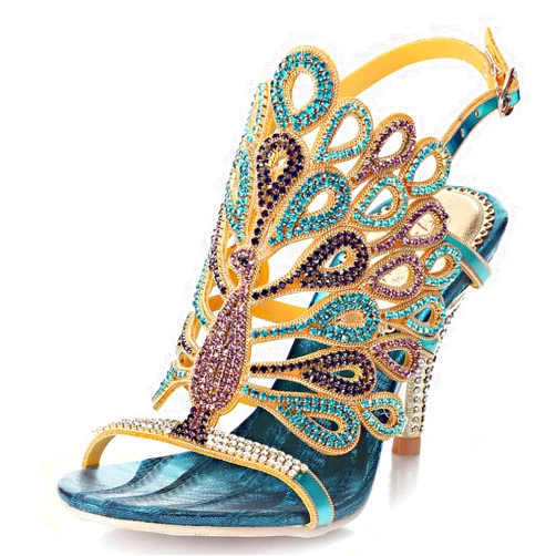 Honeystore Women's Peacock Shaped Pattern Handmade Rhinestone Sandals
