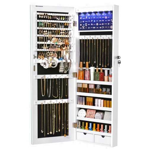 SONGMICS Hanging Jewelry Cabinet, Wall-Mounted Cabinet with LED Interior Lights, Door-Mounted Jewelry Organizer, Full-Length Mirror, Gift Idea, White UJJC99WT