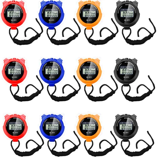 TOODOO 12 Pack Multi Function Digital Stopwatch Timer Bulk Sports Stopwatch with Lanyard Plastic Display Waterproof Date Time Alarm Timer for Coaches Fitness Referees