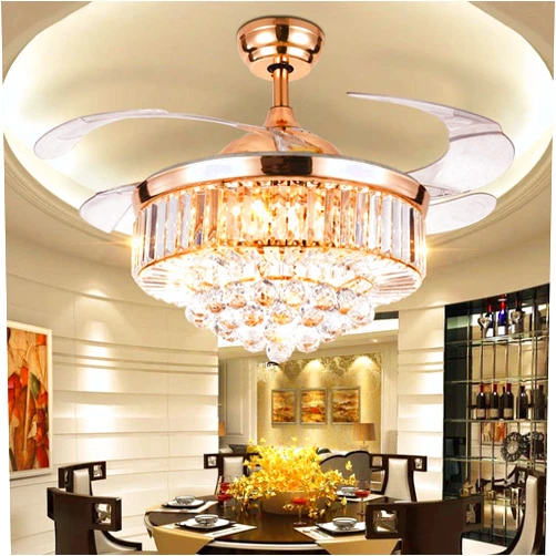 LUOLAX 42 inch Luxury Crystal Remote Control Gold Ceiling Fan Light with 3 Colors Change LED Retractable Blades Chandelier Decor (Gold-42 Inch)