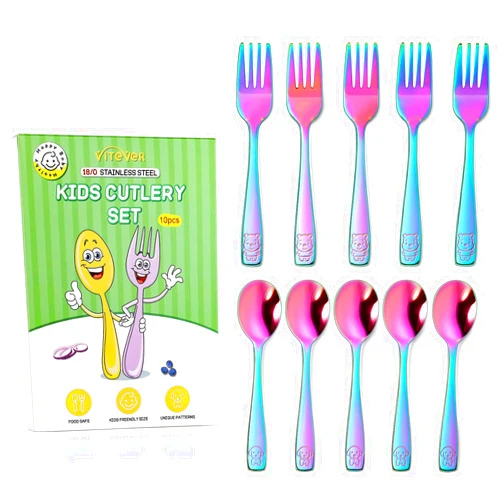 VITEVER 10 Pack Toddler Utensils, Stainless Steel Rainbow Silverware Set for Kids, Children Safe Cutlery Set Includes Forks and Spoons - Dishwasher Safe