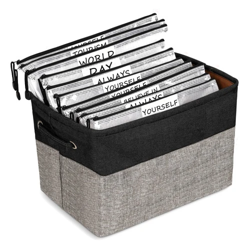 Bfttlity Board Game Storage Include Storage Basket and 10 Zipper Bags Board Game Organizer with DIY Stickers and Double-Sided Adhesive Dots for Travel, Office and Home Organization (Dark Gray)