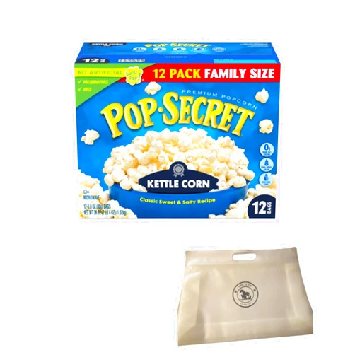 AMCIENT Pop Secret Kettle Corn Popcorn Microwave 12 Ct (3 oz EACH) Bundle With Reusable Snack Pouch By AMCIENT