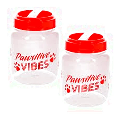 Generic Pawsitve Vibe Doggie Treat Plastic Containers Jars with Red Lid Prented Airtight Kids BPA Free Dog Food Jar Treats Storage Reusable, Set of 2