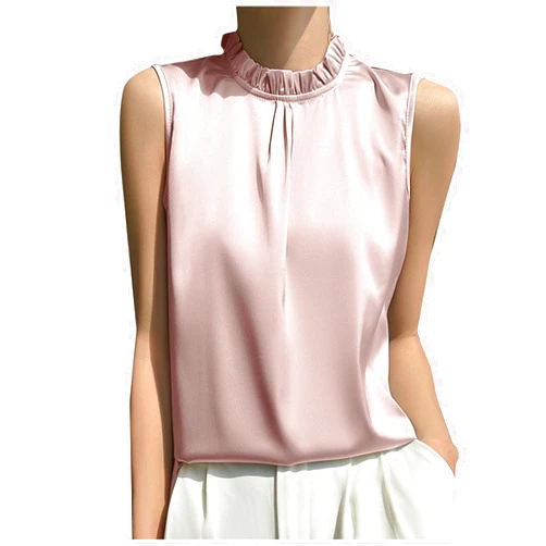 Bawilom Womens Dressy Business Casual Blouse Pleated Ruffle Mock Neck Sleeveless Satin Silk Work Shirt Summer Tank Tops