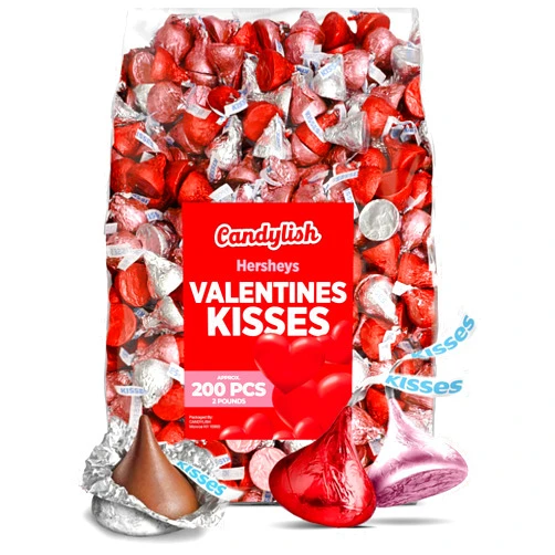 Candylish Hershys Kisses Chocolate Candy, Valentine's Day Colors, 2 lb Bag (Approx. 200 Pieces), Red, Pink, Silver Foil