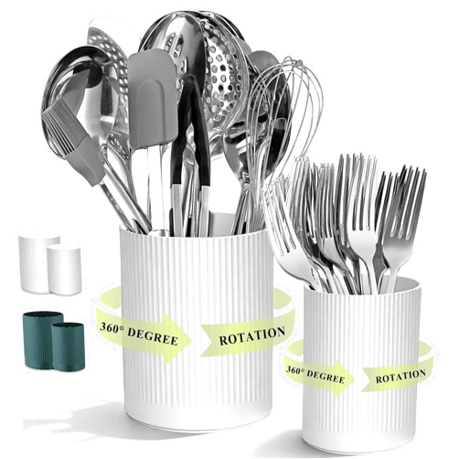 HOMQUEN 360° Rotating Utensil Holder, 6.3''+4.7'' Plastic Kitchen Utensil Holder for Countertop, Large Cooking Utensil Crocks for Kitchen Decor, Utensil Organizer for Spatula, Set of 2 (White)