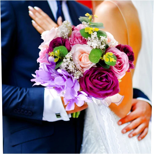 M METERXITY Wedding Bouquets for Bride, Artificial Flower Bouquet for Wedding Bridal Bouquets for Bride/Bridesmaid, Multicolor Bouquets with Silk Ribbon [Purple]