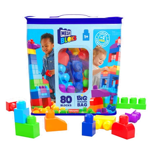 MEGA BLOKS First Builders Toddler Blocks Toys Set, Big Building Bag with 80 Pieces and Storage, Blue, Ages 1+ Years