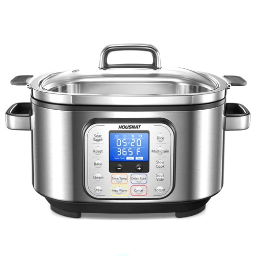 HOUSNAT Slow Cooker, HOUSNAT 10 in 1 Programmable Cooker, 6Qt Stainless Steel, Rice Cooker, Yogurt Maker, Delay Start, Steaming Rack and Glass Lid, Adjustable Temp&Time for Slow Cook with Digital Timer
