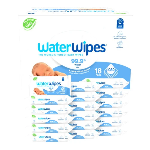 WaterWipes Plastic-Free Original Baby Wipes, 99.9% Water Based Wipes, Unscented & Hypoallergenic for Sensitive Skin, 1080 Count (18 packs)
