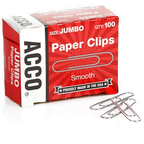 ACCO Brands ACCO Paper Clips, Economy, Smooth, Jumbo, 100 Paper Clips Per Box - 5 Boxes (72580)