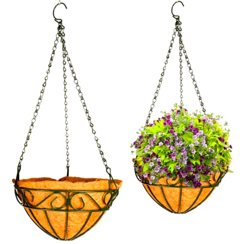 THIKDIKAKT 2 pack Metal Hanging Planter Basket with Coco Liner Chain Round Wire Plant Holder Flower Pots Hanger Garden Decoration Porch Decor Watering Hanging Baskets Indoor Outdoor (10in S Shape Black)