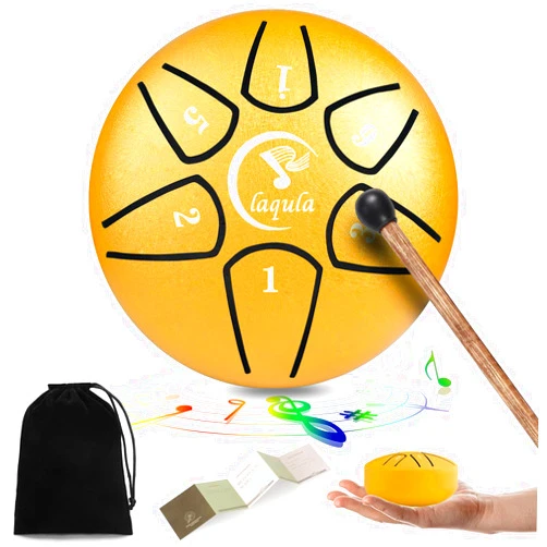 Laqula Mini Steel Tongue Drum 3 Inch 6 Notes Drum Percussion Instrument with Music Book Drum Mallet Carry Bag for Meditation Yoga Entertainment Musical Education (Gold)
