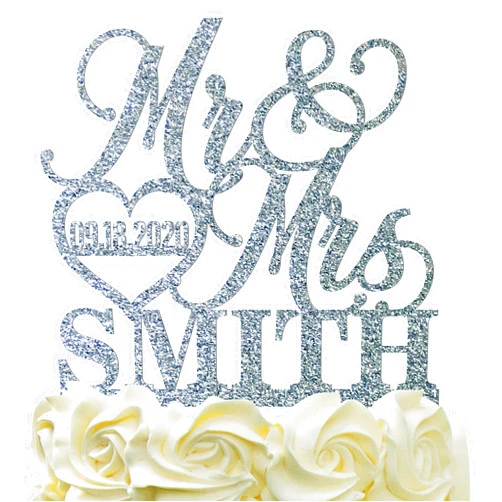 MAKINA Personalized Wedding Cake Topper - Wedding Cake Decoration, Elegant Customized Mr Mrs Wedding Cake Topper, Last Name & Date w/Heart - Glitter Acrylic