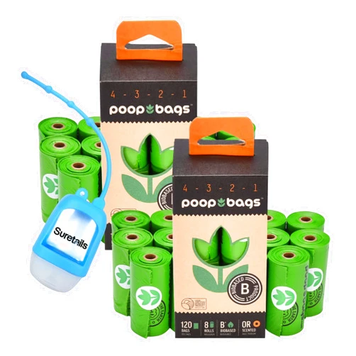 Suretails The Original Poop Bags Dog Poopbags, Plant-Based, 9x13 Inch, 120 Count, Green Leak-Proof Dog Waste Bags, | Bundle With Suretails Hand Sanitizer Dispenser,Plant Based Poop Bags, Countdown Rolls, Pack