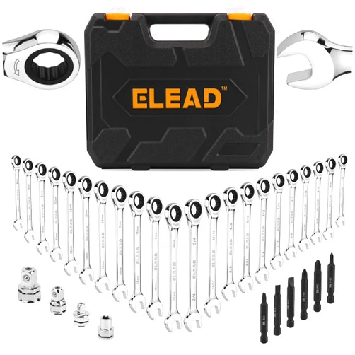 ELEAD 33-Piece Combination Ratchet Wrench Set | CR-V Steel | SAE & Metric Sizes | 72-Tooth Gear Design | Organizer Carry Case | Ideal for Mechanics & DIY