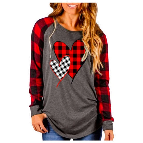 MHTOR Valentines Shirts Women Buffalo Plaid Love Heart Graphic Tees Letter Print Long Sleeve Tops Shirts Valentines Gift