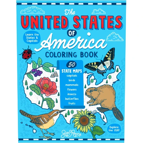 By Jen Racine (Author) The United States of America Coloring Book: Fifty State Maps with Capitals and Symbols like Motto, Bird, Mammal, Flower, Insect, Butterfly or Fruit (Explore the World Geography Coloring Books)