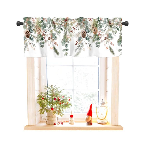 FuturehomeStar Eucalyptus Leaves Valance for Kitchen Windows Pine Cones Branch Curtains Valances,Winter Plant Christmas Short Curtains Rod Pocket Window Treatment for Living Room Bedroom Bathroom Holiday Decor