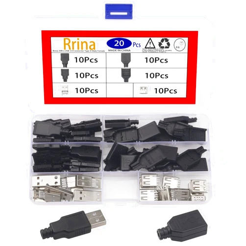 Rrina 20Pcs USB 2.0 Connector Type A Male Female 4 Pin Plug Jack Socket with Black Plastic Cover DIY